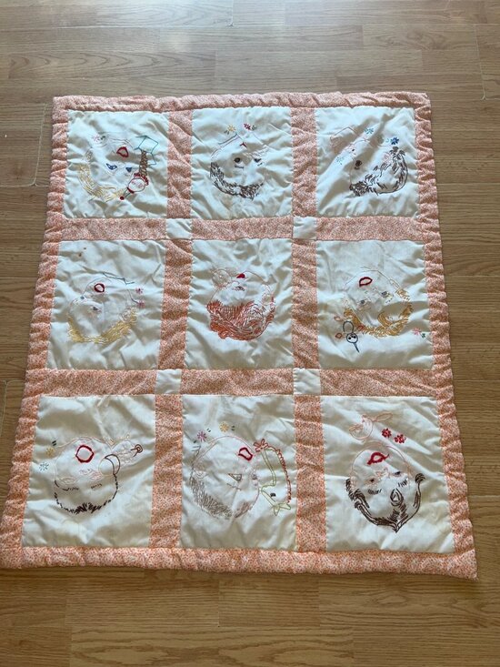 Handmade Other - Vintage Handmade Baby Quilt Embroidered Baby Faces Orange Floral Border Unique